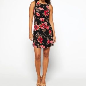 Sleeveless Black Floral Mini Dress with Pink Red Blooms